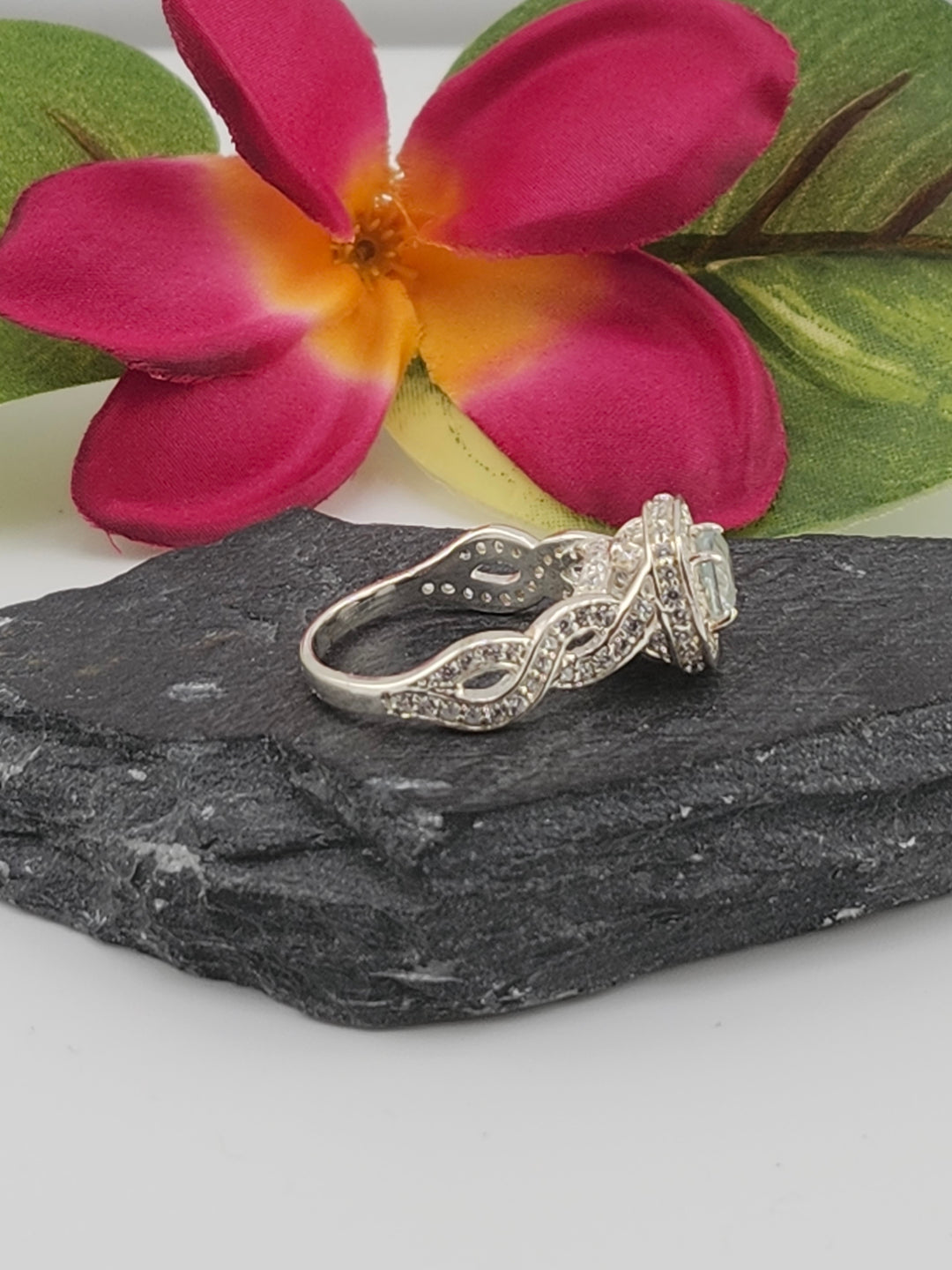 Aqua and 925 Sterling Silver Ring w/ cz