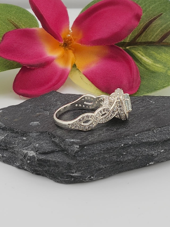 Aqua and 925 Sterling Silver Ring w/ cz
