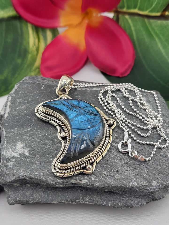 Carved Blue Labradorite Crescent Moon Necklace