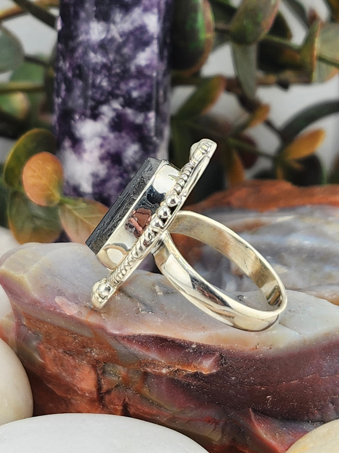 Raw Black Tourmaline 925 Sterling Silver Ring Size 9