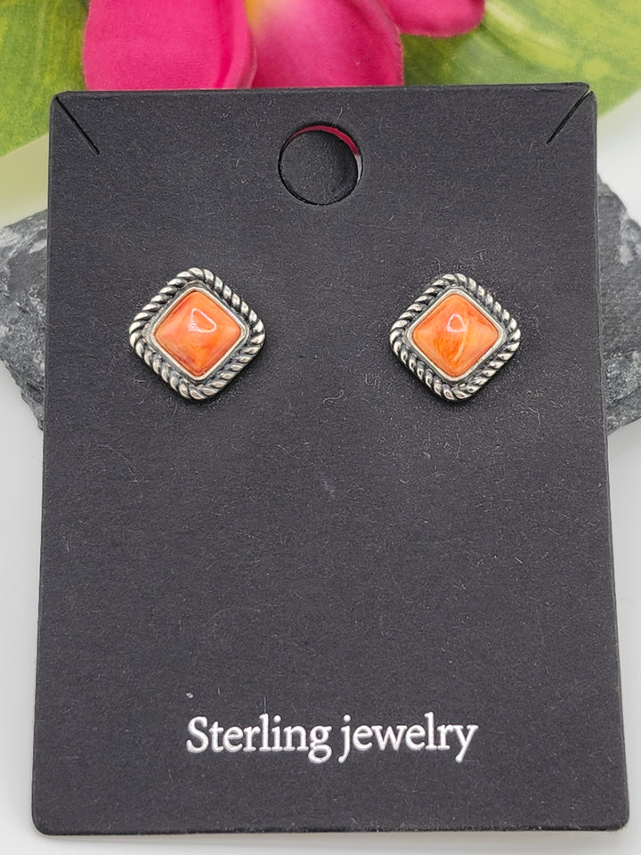 Orange Spiny Oyster Diamond shaped Stud Earrings