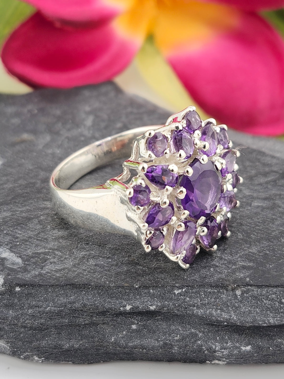 Cluster Amethyst Flower Ring Size 9