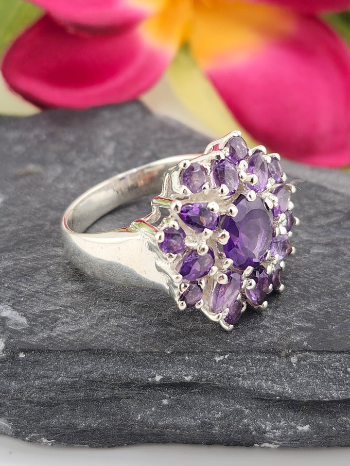 Cluster Amethyst Flower Ring Size 9