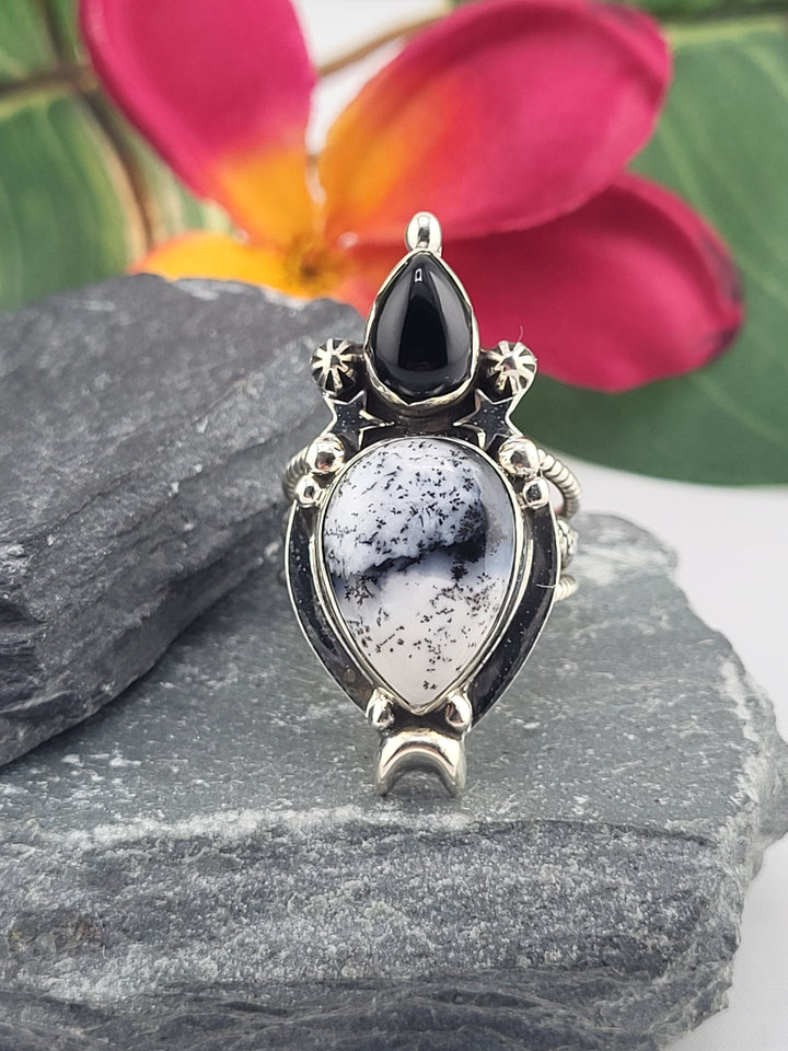 Dendritic Opal & Black Onyx Ring Size 9