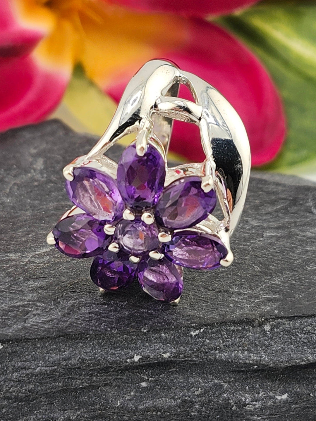 Cluster Amethyst Flower Ring Size 6.25