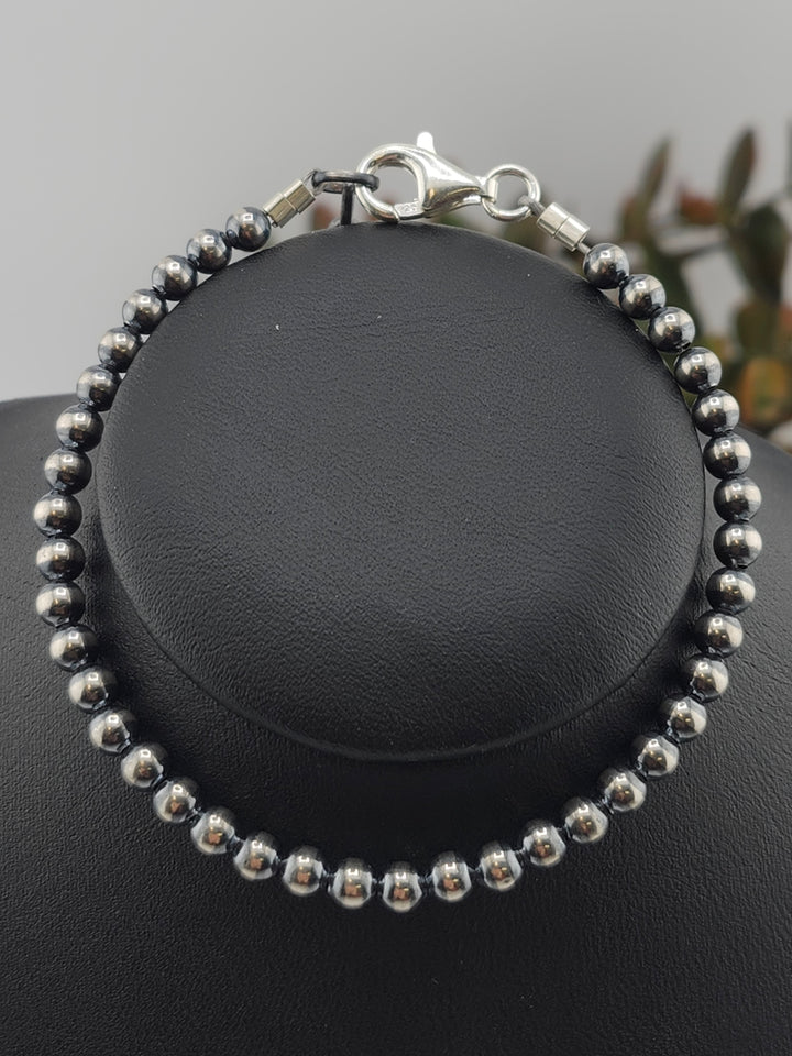 4mm 7"+1" Oxidized 925 Sterling Silver Bead Bracelet