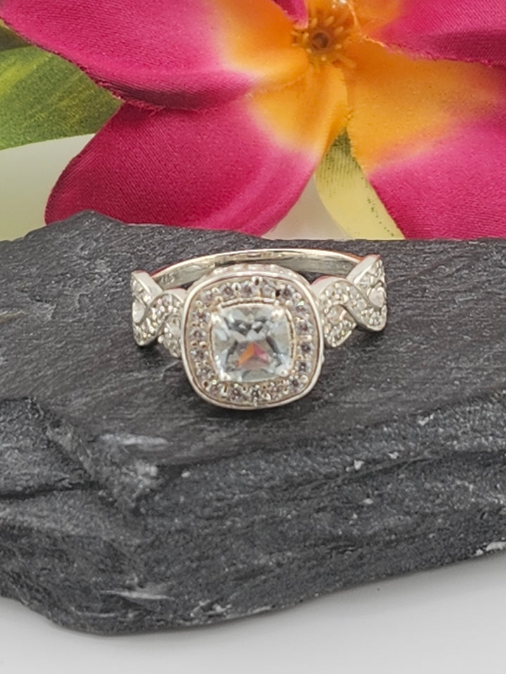 Aqua and 925 Sterling Silver Ring w/ cz