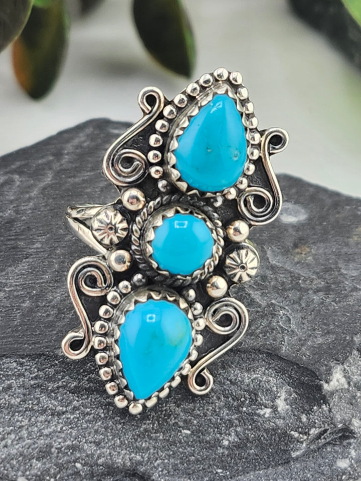 American Turquoise Triple Stone and 925 Sterling Silver Ring - Size 8.75