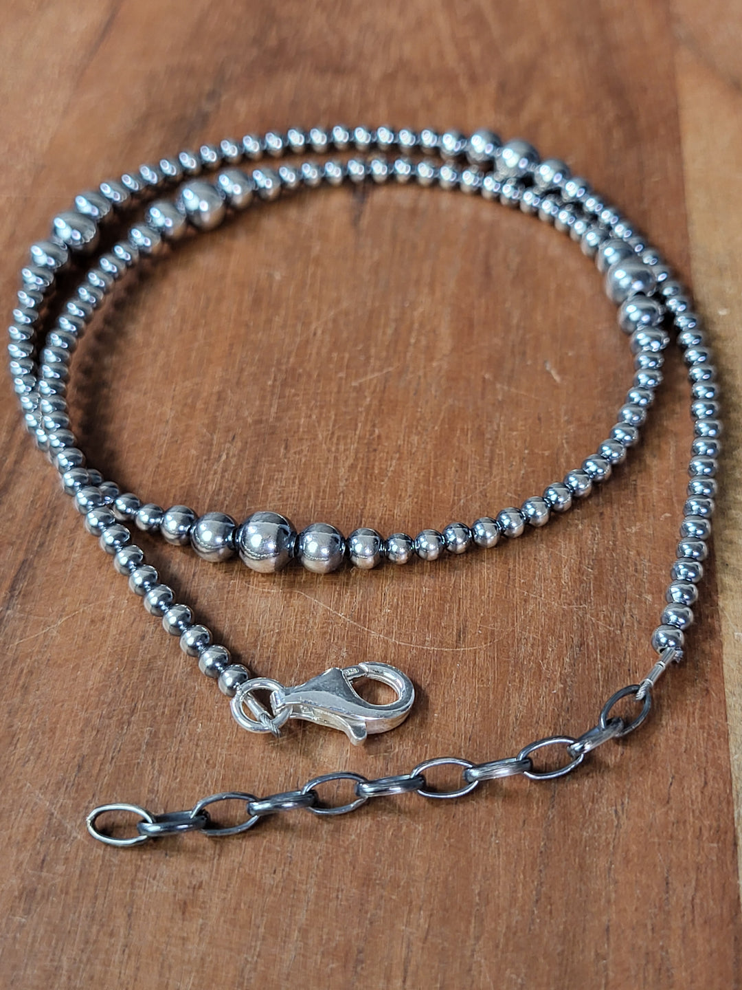 Oxidized Sterling Silver Graduated Bead Station Necklace 3‐6mm 18"+2" extension
