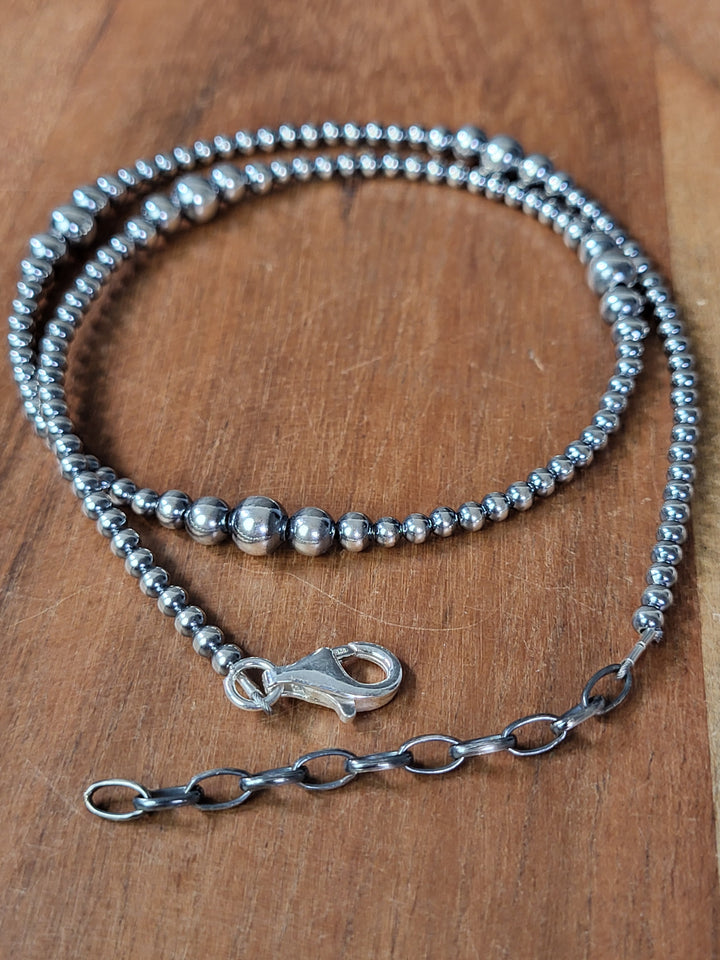 Oxidized Sterling Silver Graduated Bead Station Necklace 3‐6mm 18"+2" extension