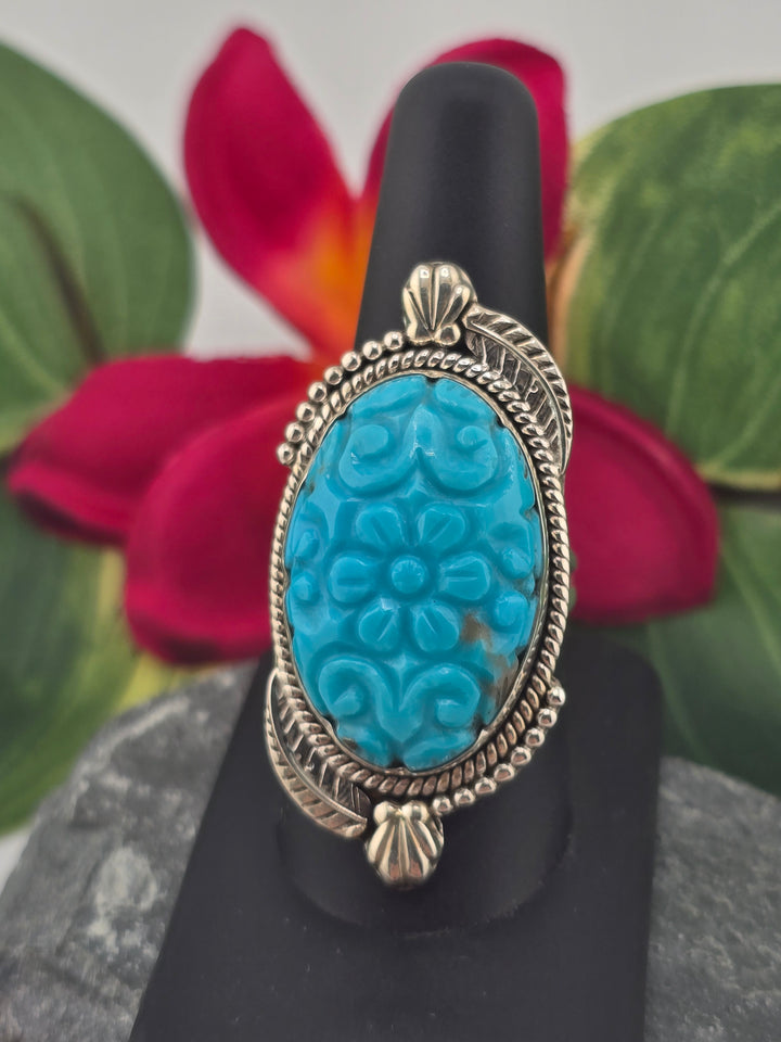 Carved American Turquoise sterling silver 925 ring size 9