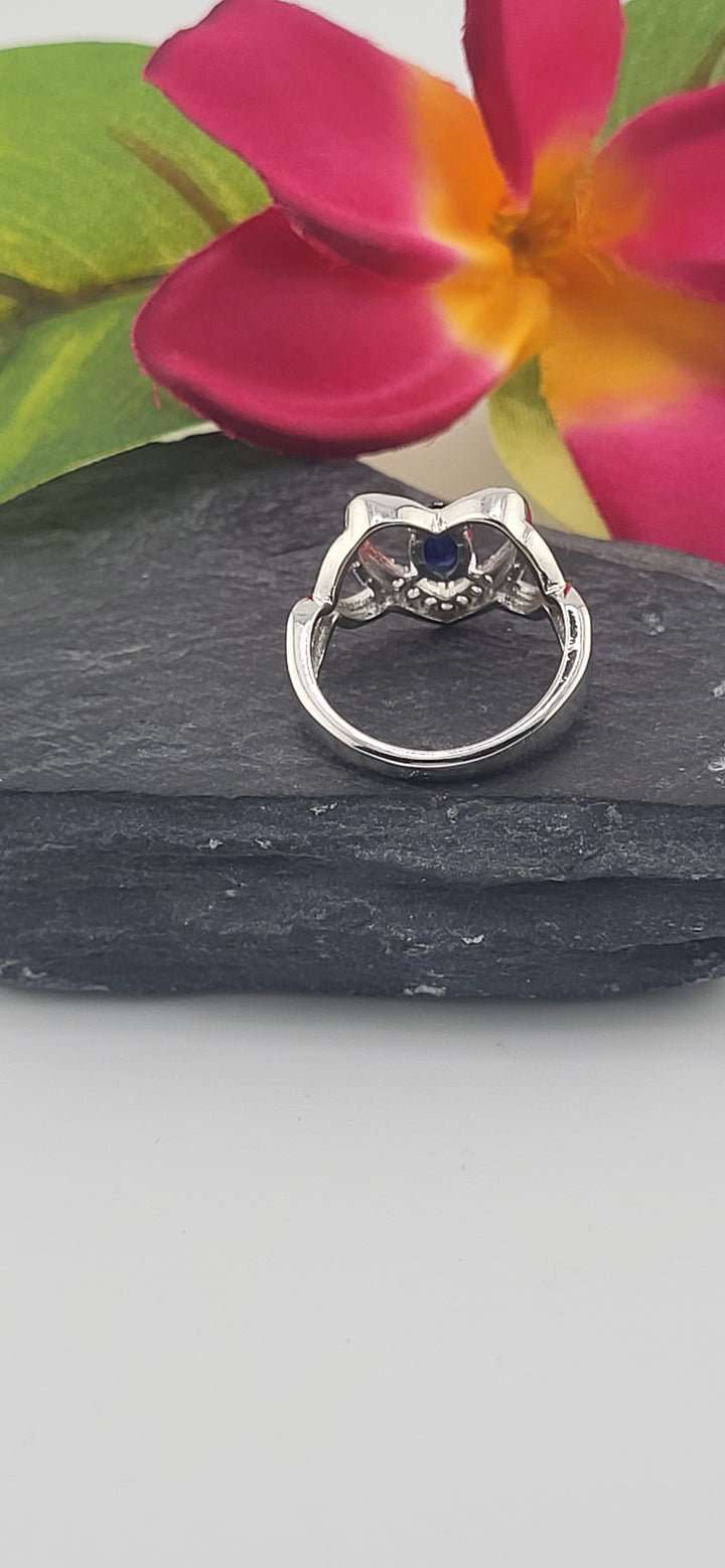 Sapphire and 925 Sterling Silver Heart Ring with cz