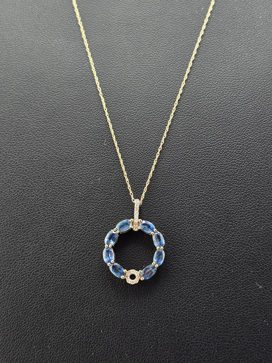 14k Gold Sapphire & Diamond Halo Circle Pendant on 14k Gold 18" Chain