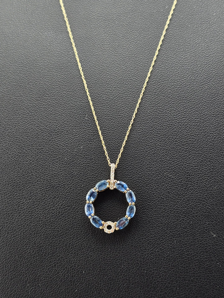 14k Gold Sapphire & Diamond Halo Circle Pendant on 14k Gold 18" Chain