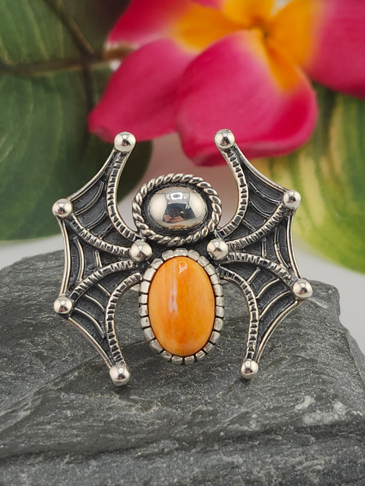 Orange Spiny Oyster Shell and 925 Sterling Silver Spider Ring - Size 7.25