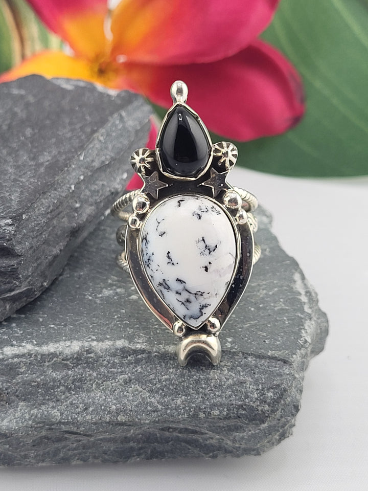 Dendritic Opal & Black Onyx Ring Size 9