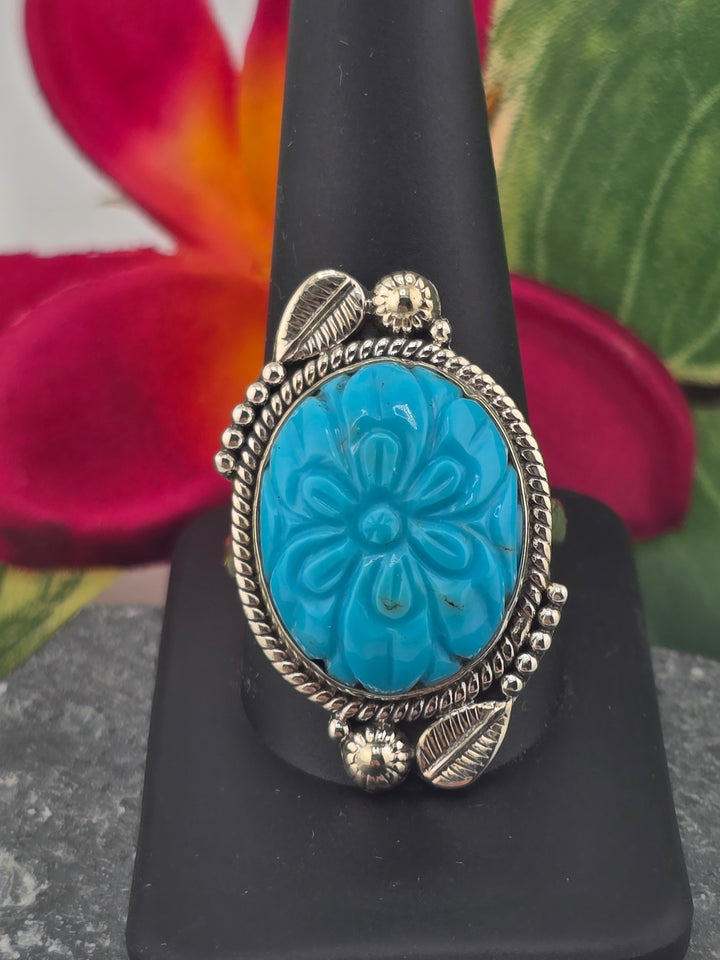 Carved American Turquoise sterling silver 925 ring size 11.5
