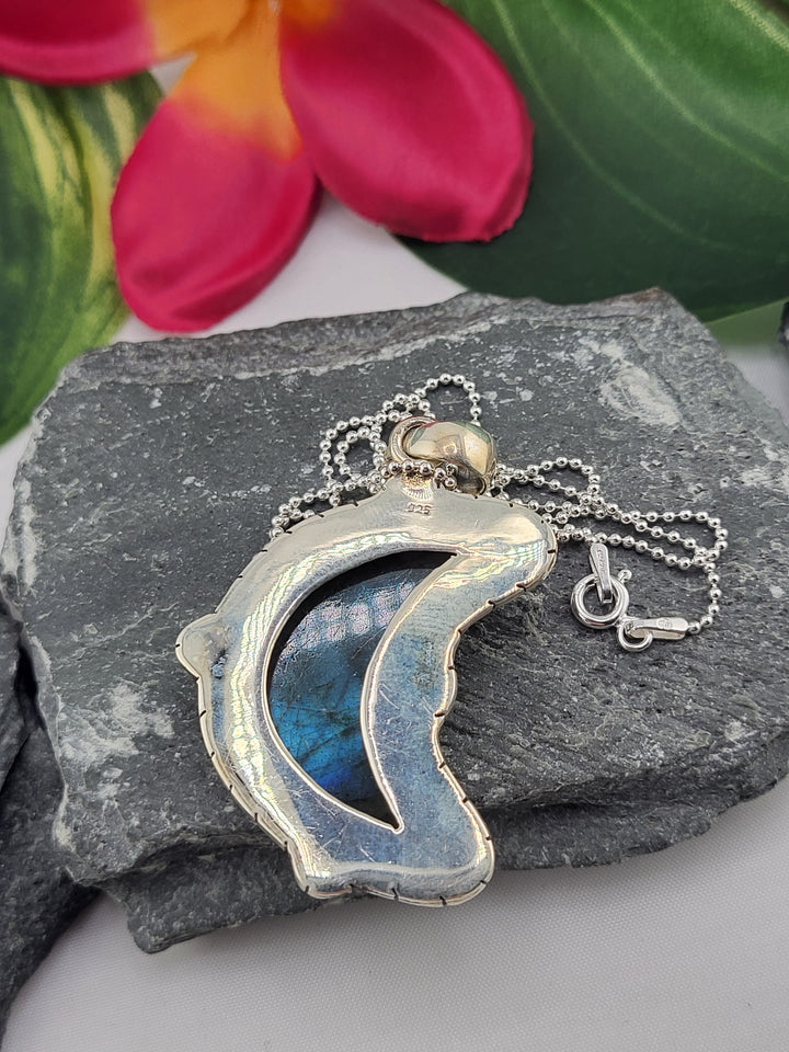 Carved Blue Labradorite Crescent Moon Necklace