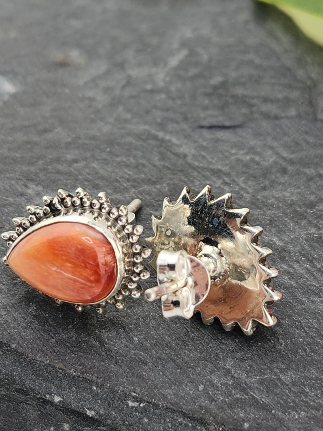 Orange Spiny Oyster Teardrop Stud Earrings