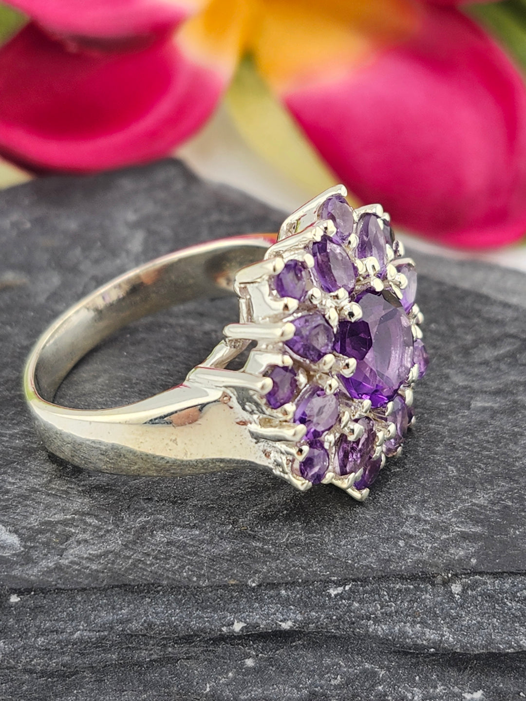 Cluster Amethyst Flower Ring Size 10