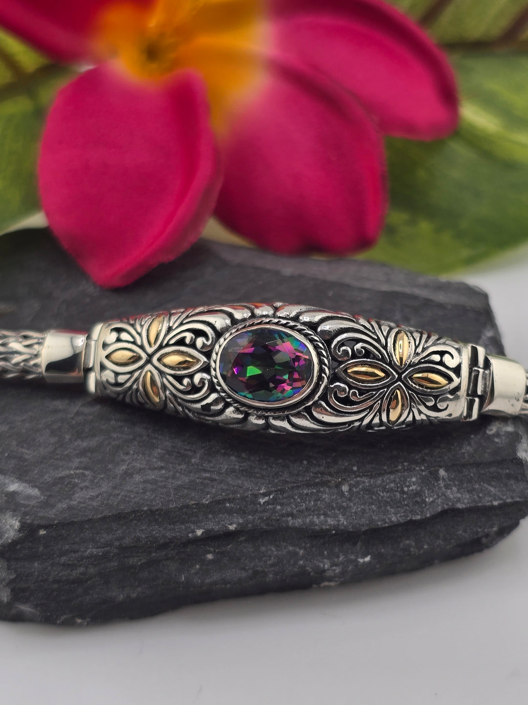 Real Mystic Topaz 925 Sterling Silver and 18k Gold Accented Bali Bracelet 6.75"