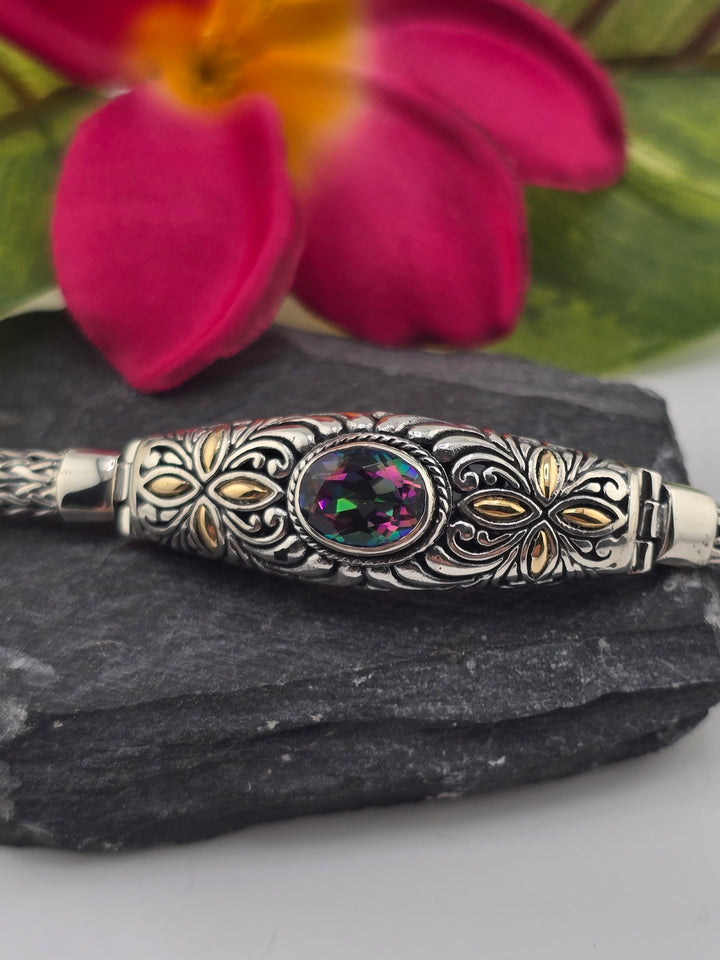 Real Mystic Topaz 925 Sterling Silver and 18k Gold Accented Bali Bracelet 6.75"