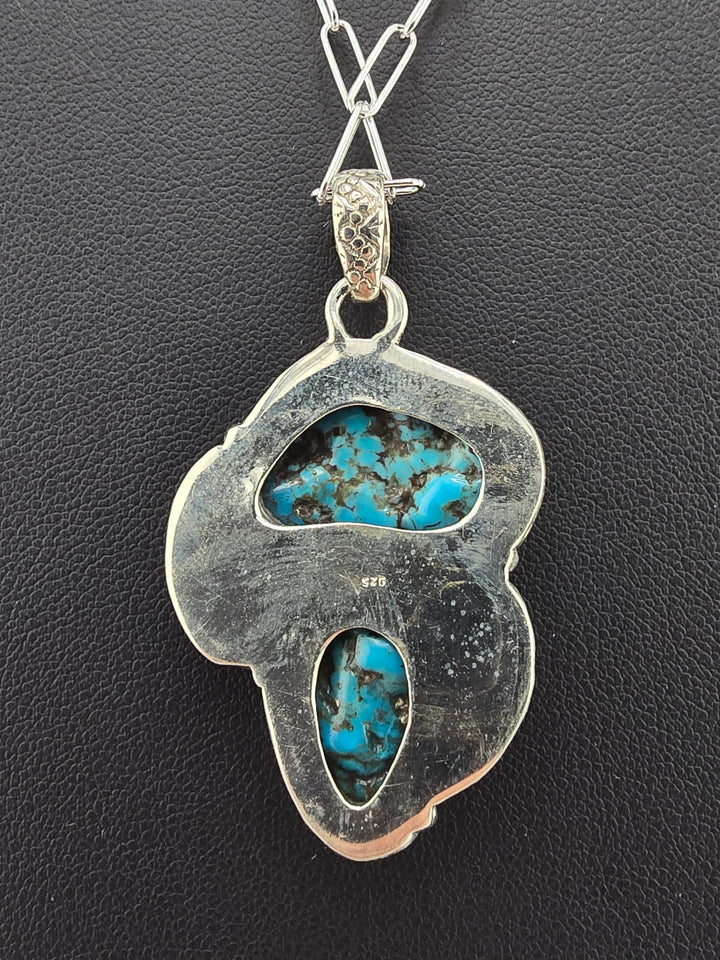 Raw Kingman Turquoise double stone 925 sterling silver pendant w/ 18" 3mm paperclip Chain