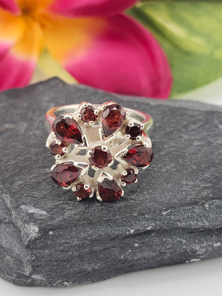 Cluster Garnet Flower Ring Size 8