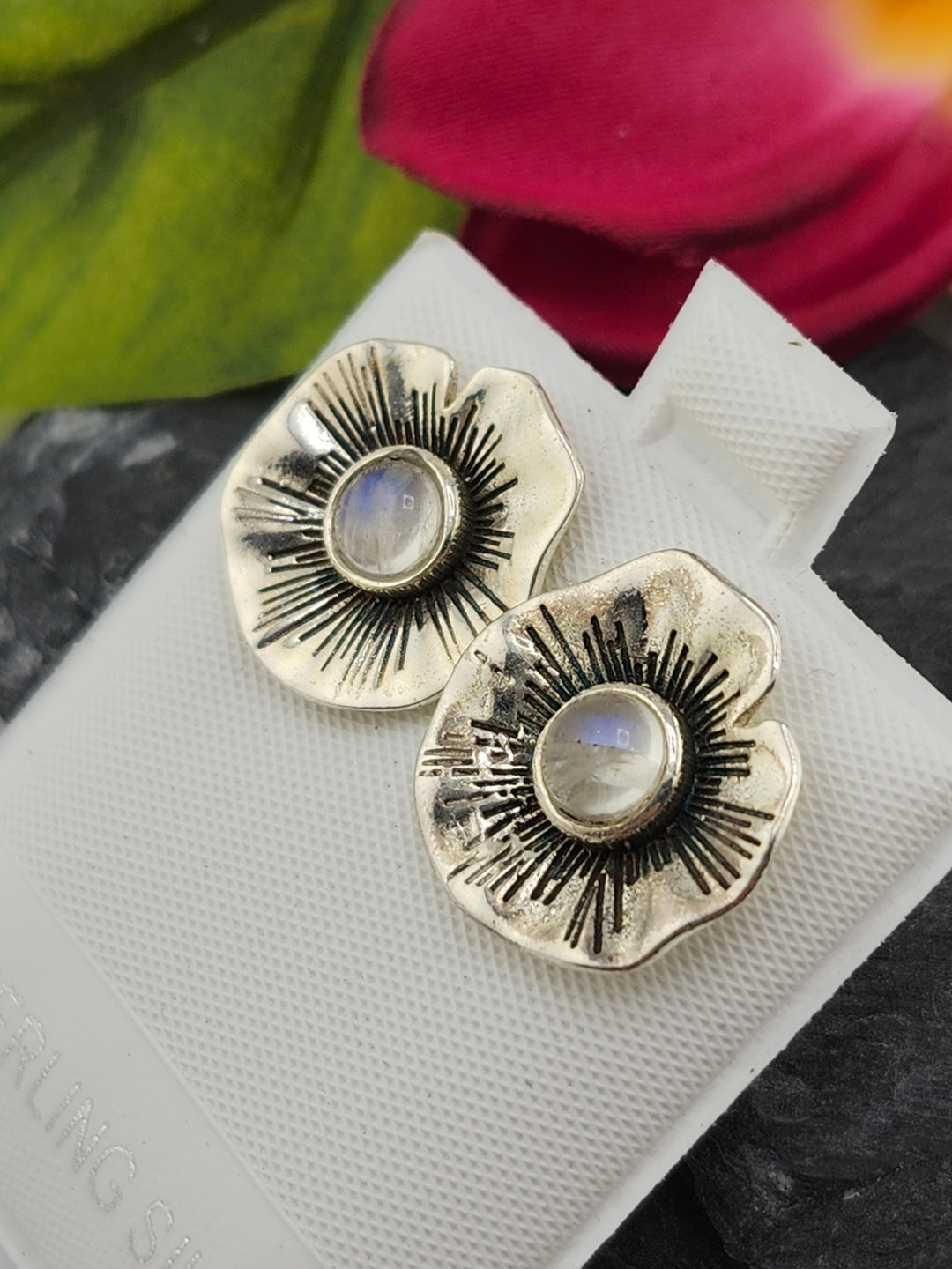 Moonstone Flower & 925 Sterling Silver Stud Earrings