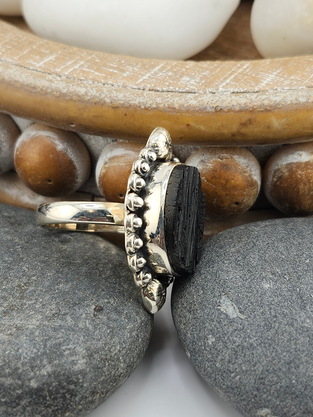 Raw Black Tourmaline 925 Sterling Silver Ring Size 9