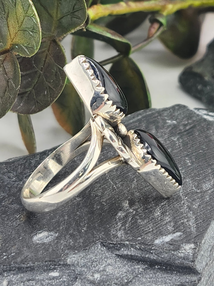 Black Onyx Double Stone and 925 Sterling Silver Ring - Size 10