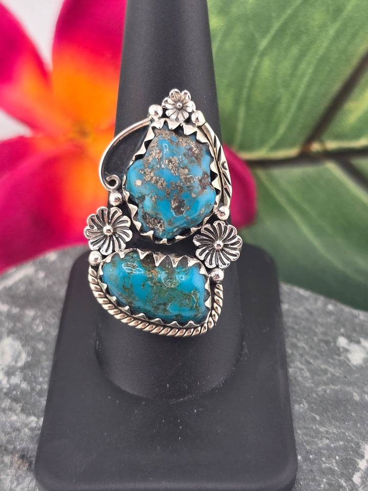 Double stone Kingman Turquoise sterling silver 925 ring size 10