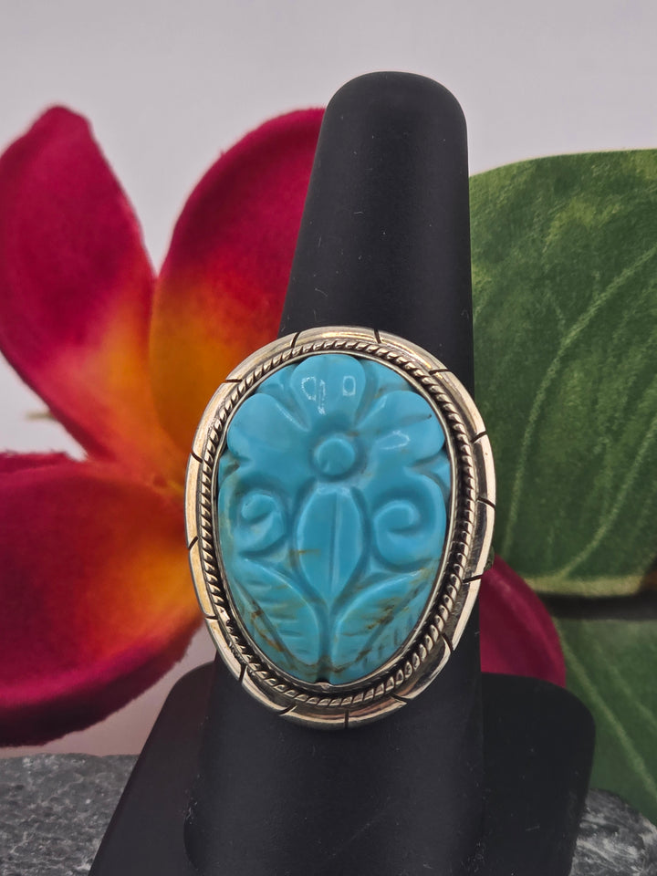 Carved American Turquoise sterling silver 925 ring size 8