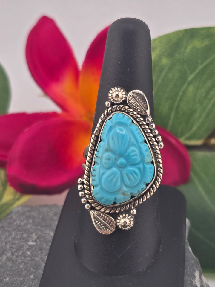 Carved American Turquoise sterling silver 925 ring size 8