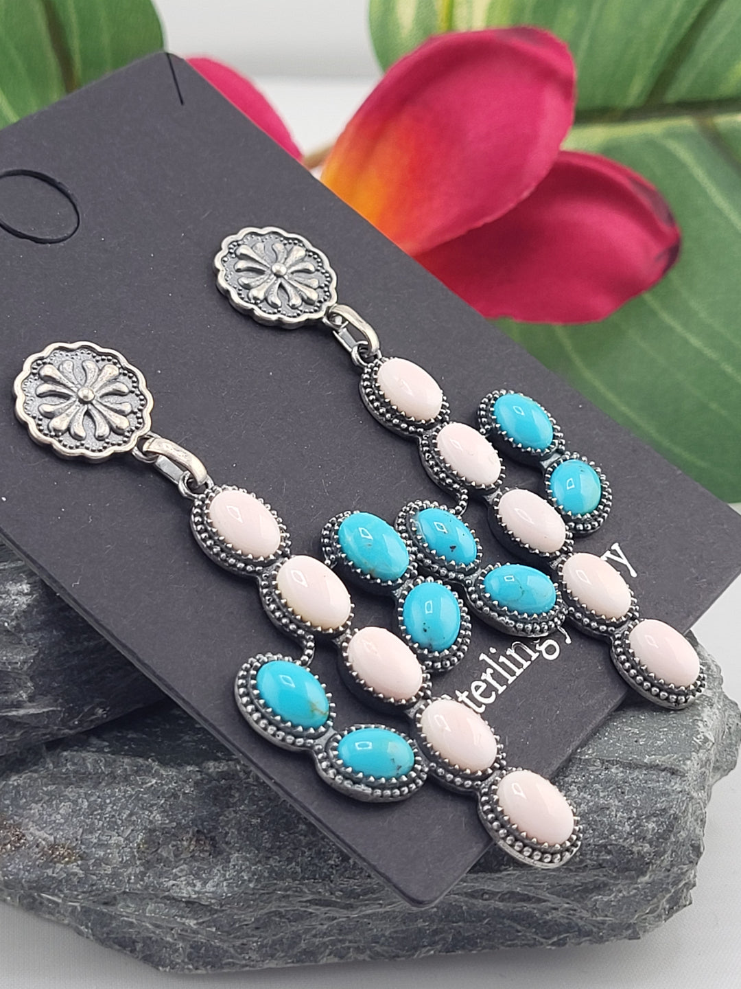 Queen Conch and Turquoise Cactus Stud Dangle Earrings
