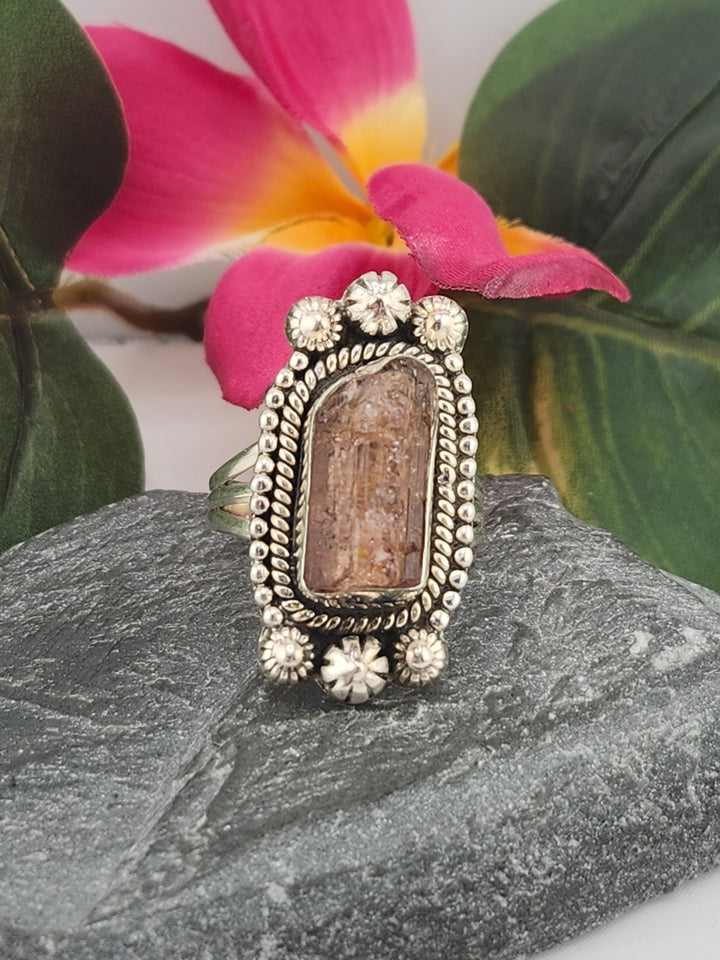 Raw Pink Tourmaline and 925 Sterling Silver Ring - Size 9.5