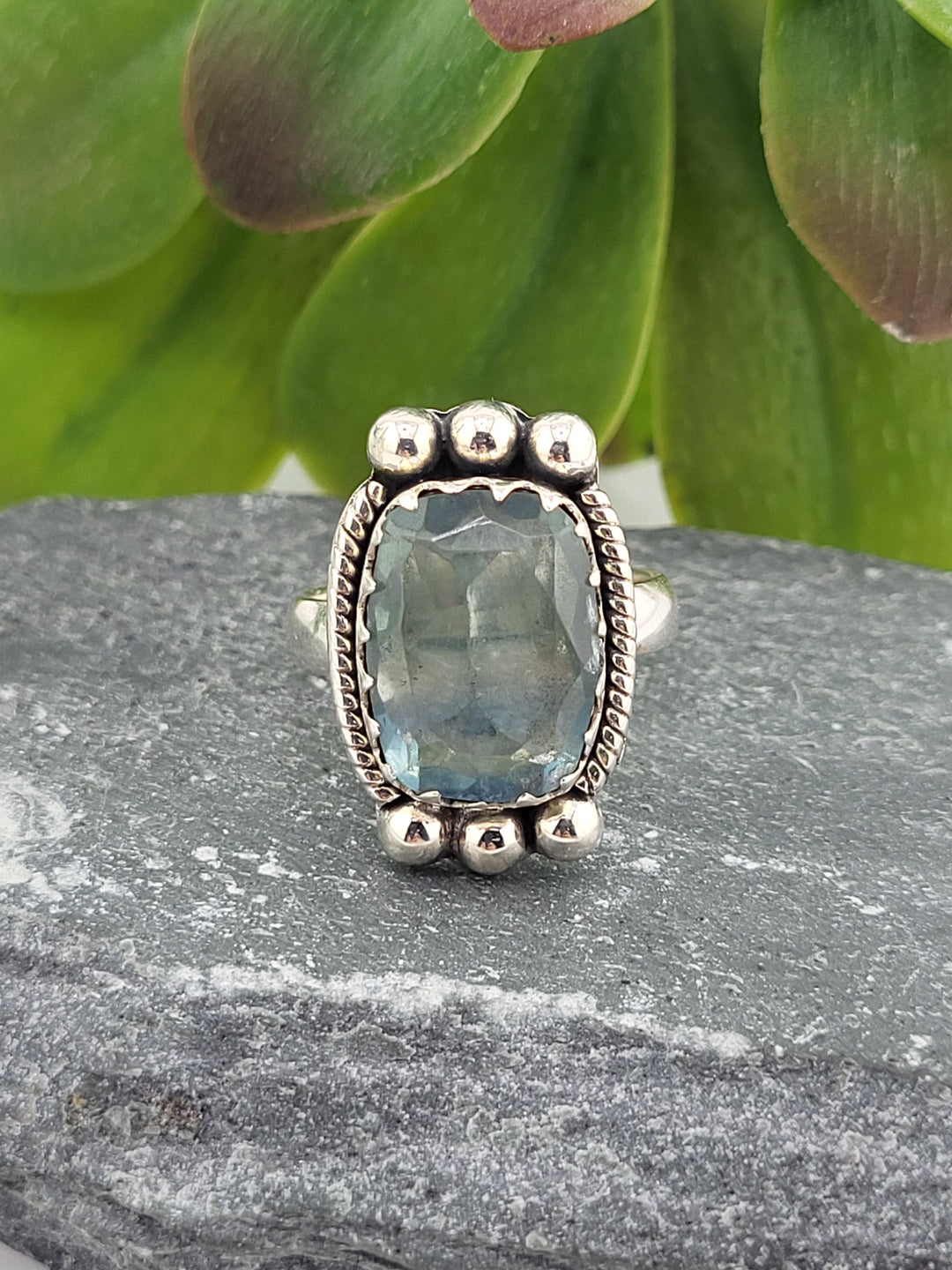 925 Sterling Silver Rectangular Cushion Cut Rainbow Fluorite Ring