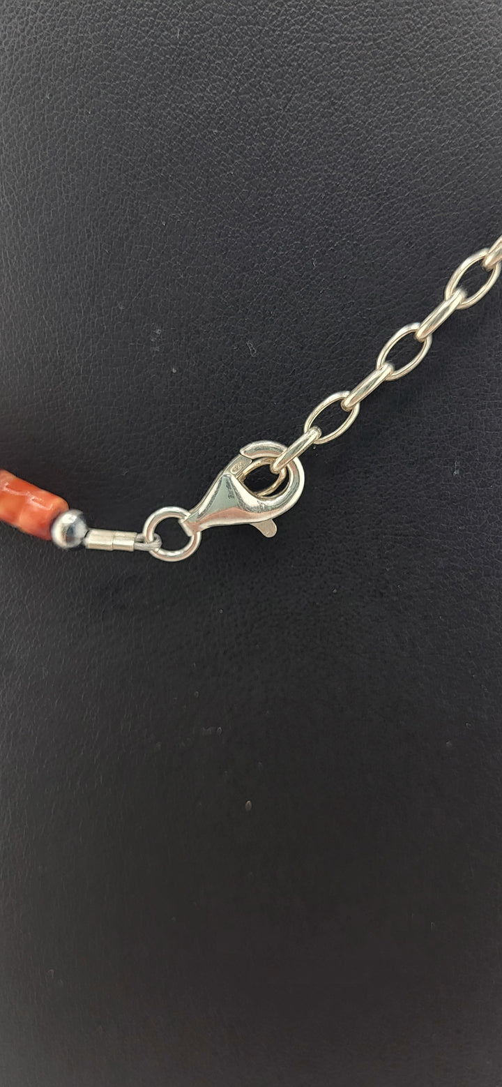 Orange Spiny Oyster, Turquoise graduated bead, and 925 Sterling Silver necklace.