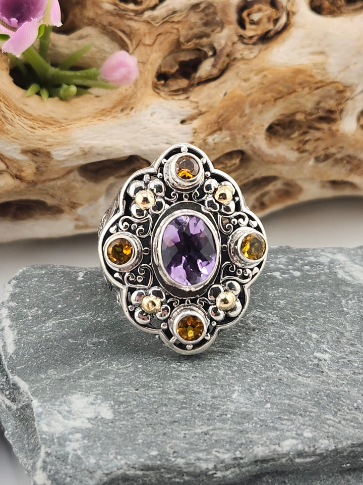 Amethyst/Citrine and 18K Accent Bali Ring