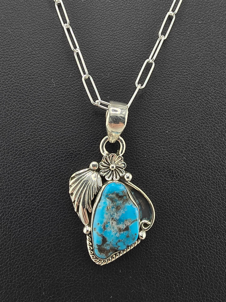 Raw Kingman Turquoise 925 sterling silver pendant w/ 18" 3mm paperclip Chain