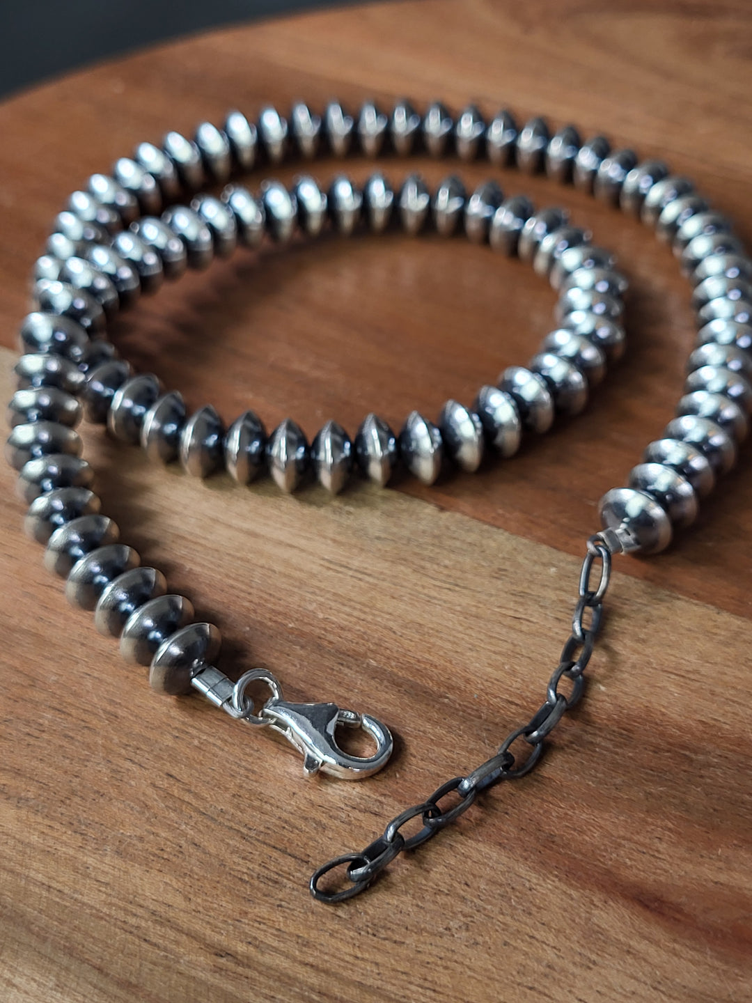 Oxidized Sterling Silver Saucer Bead Necklace 8mm 18"+2" extension