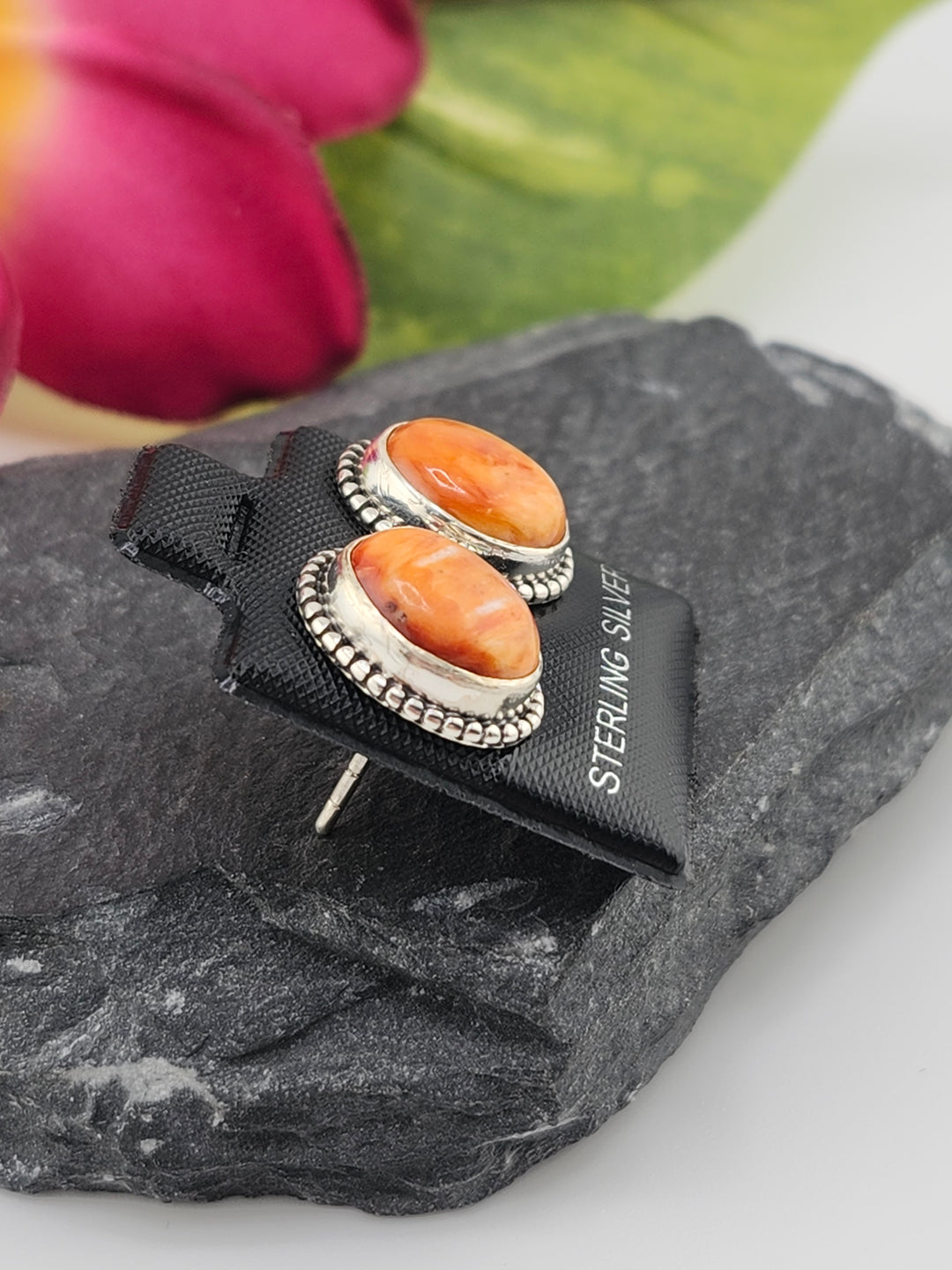 Orange Spiny Oyster Oval Stud Earrings
