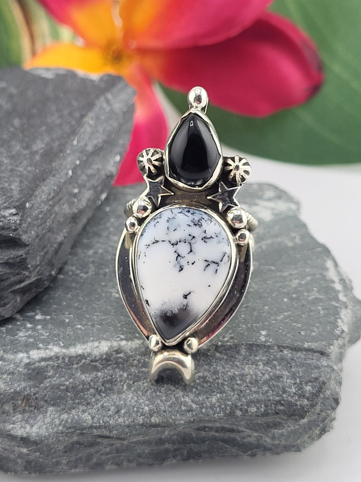 Dendritic Opal & Black Onyx Ring Size 6