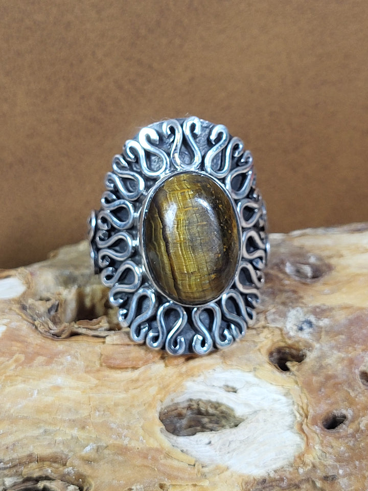 Natural Tiger's Eye 925 Sterling Silver Ring - Size 7 3/4
