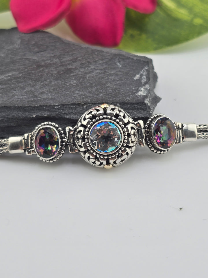 Real Mystic and Sunset Mystic Topaz 925 Sterling Silver and 18k Gold Accented Bali Bracelet 7.25"