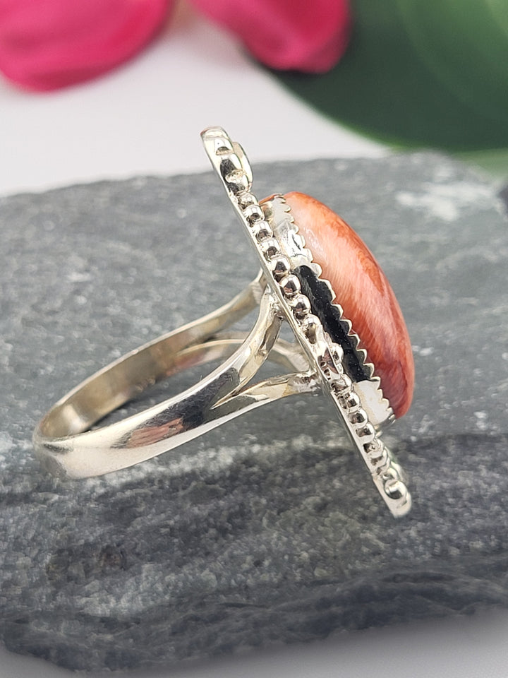 Natural Red Spiny Oyster/925 Sterling Silver Ring - Size 11