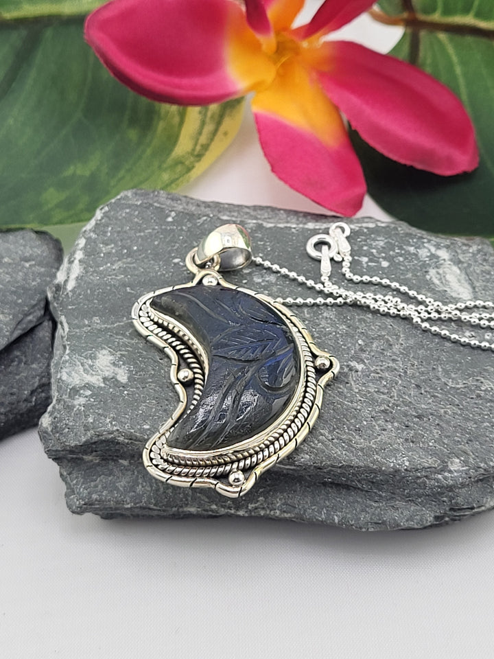 Carved Blue Labradorite Crescent Moon Necklace