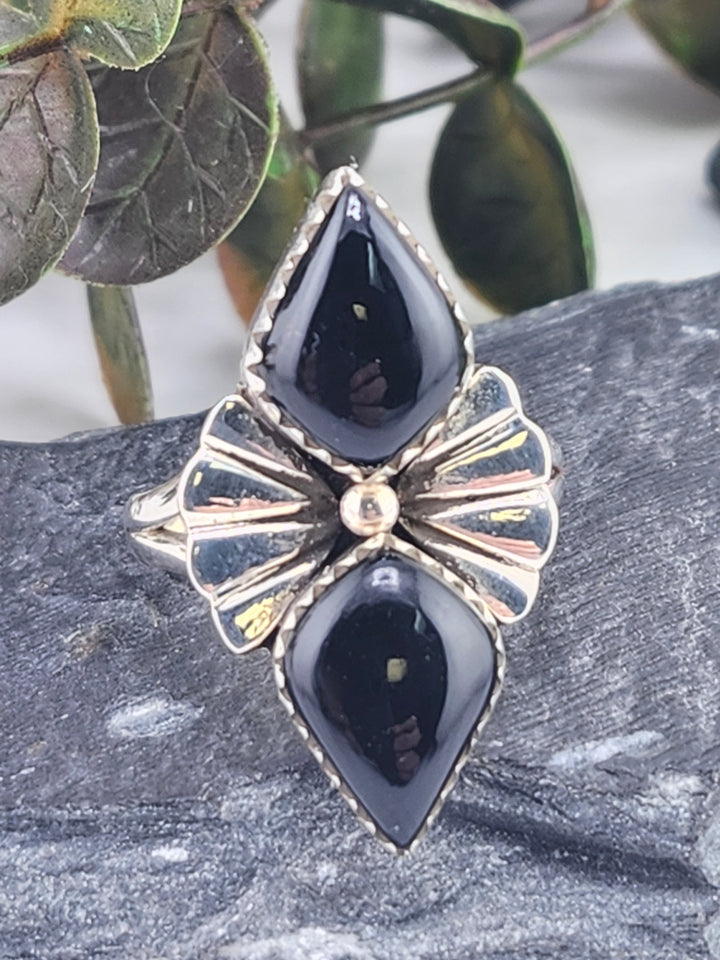 Black Onyx Double Stone and 925 Sterling Silver Ring - Size 10