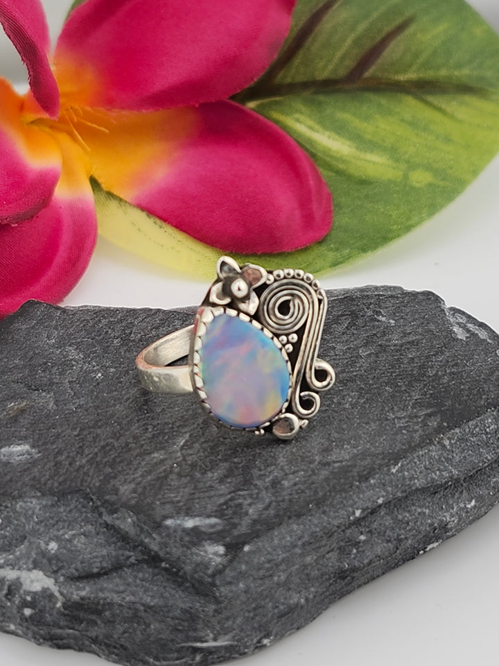 Aurora Opal Doublet Ring in sterling silver 925 size 7