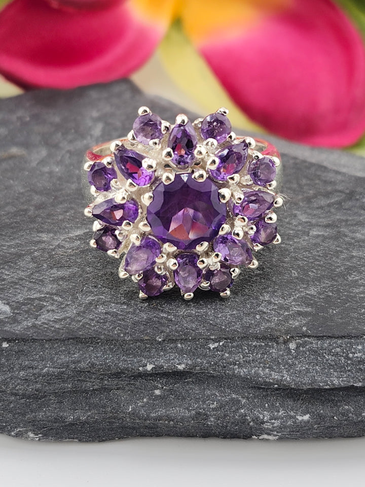 Cluster Amethyst Flower Ring Size 9